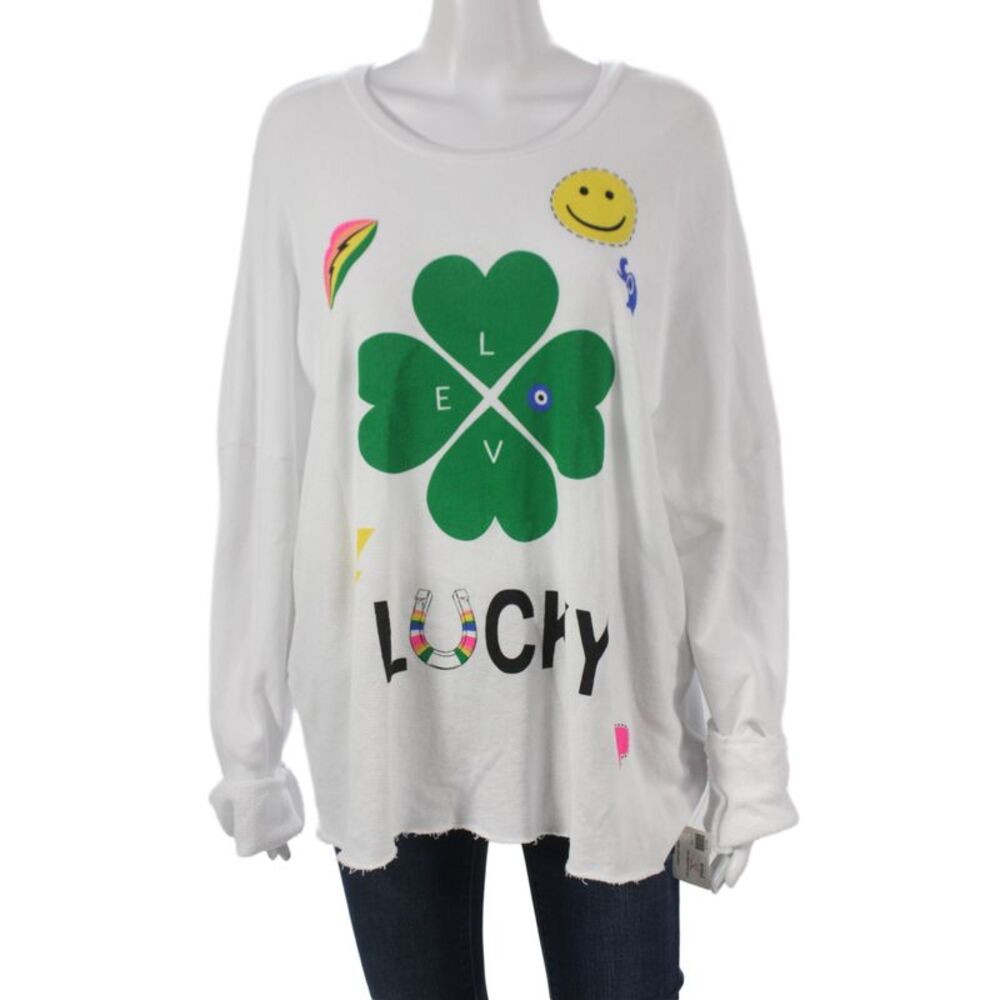Lauren Moshi Women White Jersey T-Shirt Long Sleeve Round Neck Cotton Size L